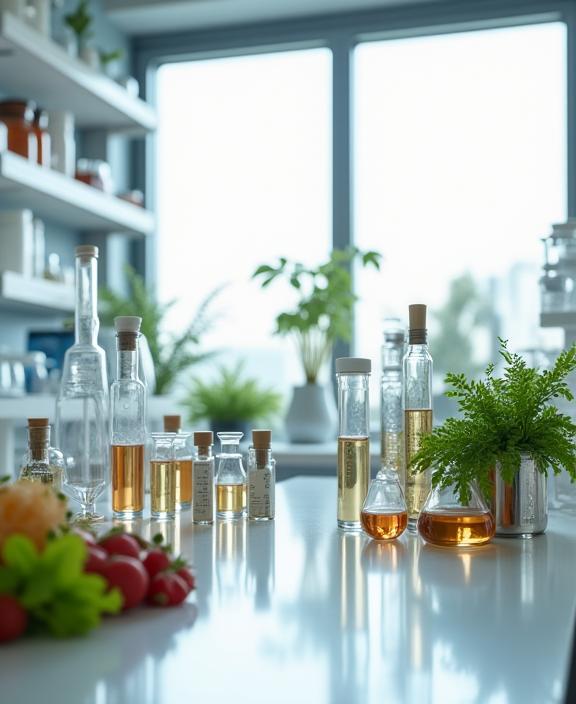 Interno del laboratorio di Luce Nera a Brera, Milano, con strumenti di ricerca e ingredienti naturali